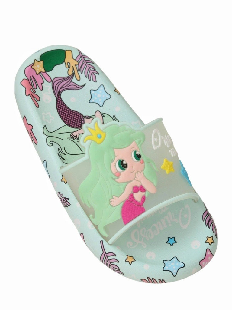 Angle view of Enchanted Mermaid Princess Aqua Slides for girls featuring vibrant mermaid designs.