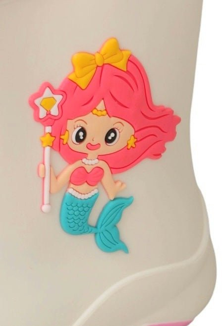 Close-Up of Mermaid Detail on White Rain Boots For Girls