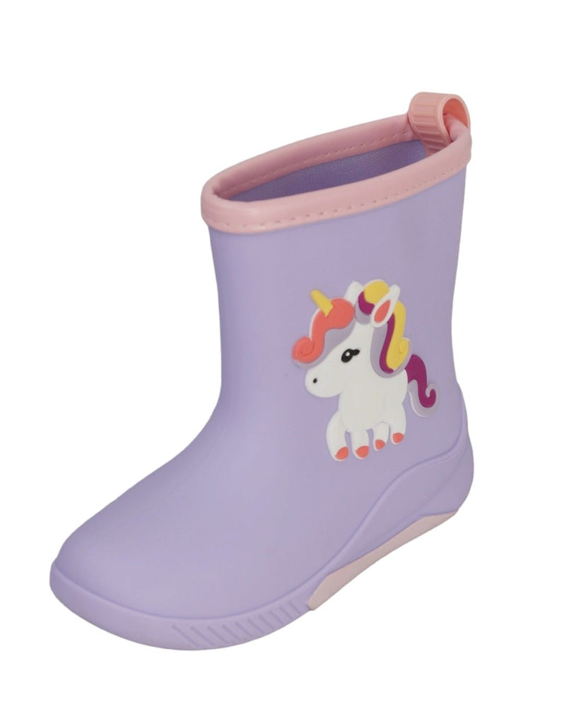 Angle view of Enchanted Unicorn Purple Rain Boots for Girls by Yellow Bee