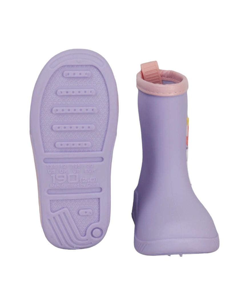 Front and back view of Enchanted Unicorn Purple Rain Boots for Girls