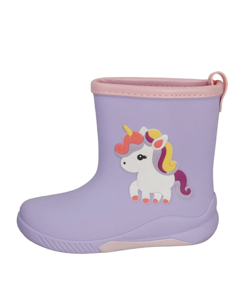 Side view of Enchanted Unicorn Purple Rain Boots for Girls