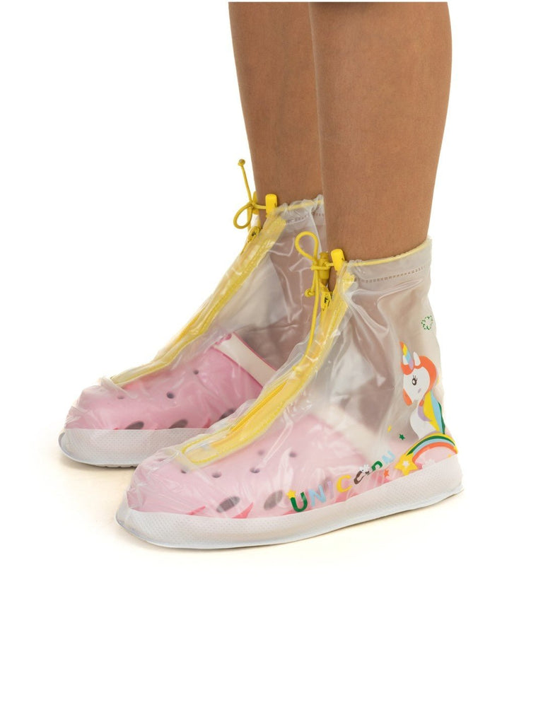 Side view of Yellow Bee Enchanted Unicorn Waterproof Rain Shoe Covers, featuring colorful drawstrings