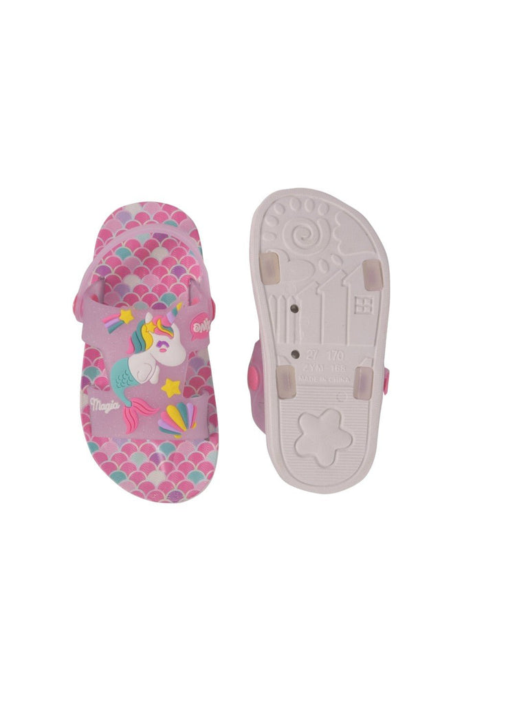 Top and bottom view of unicorn sandals, showcasing the anti-slip sole and vibrant design.