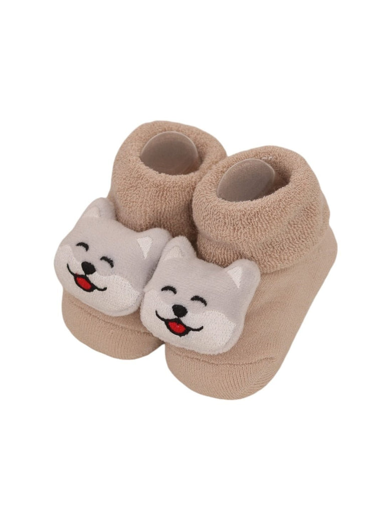 YellowBeeCottonHappyPuppyandCatRattleSocksComboforBoys-BeigeFront