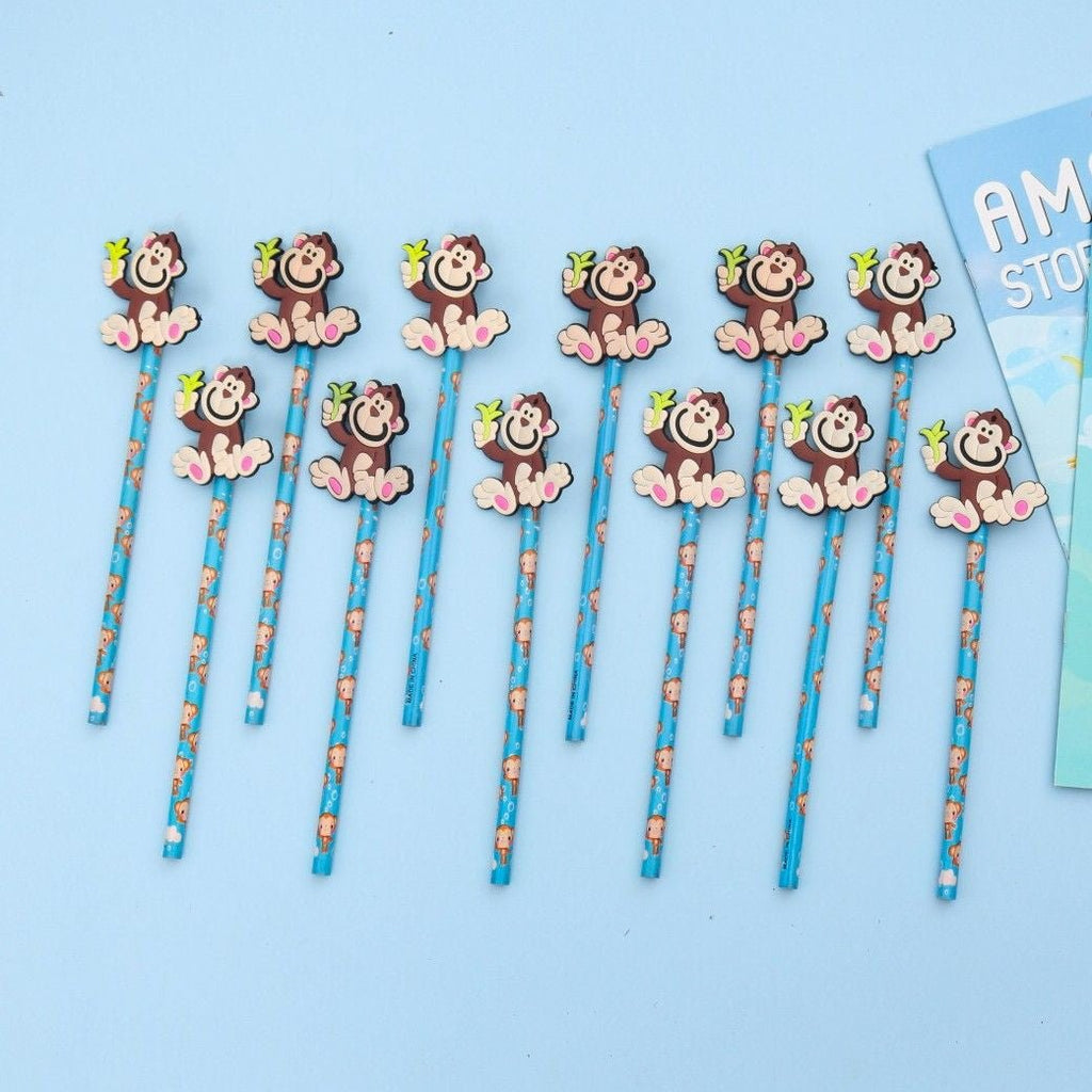 Full Set of Yellow Bee Multicolor Pencils with Monkey Motifs for Kids