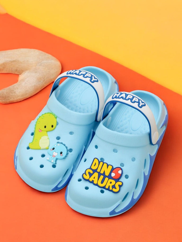 Bright blue kids' clogs with playful dinosaur decorations, ideal for budding adventurers..