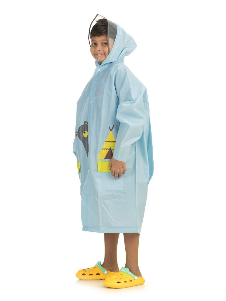 Angle view of Yellow Bee boys' raincoat showcasing the whimsical face hood and vibrant illustrated pockets.