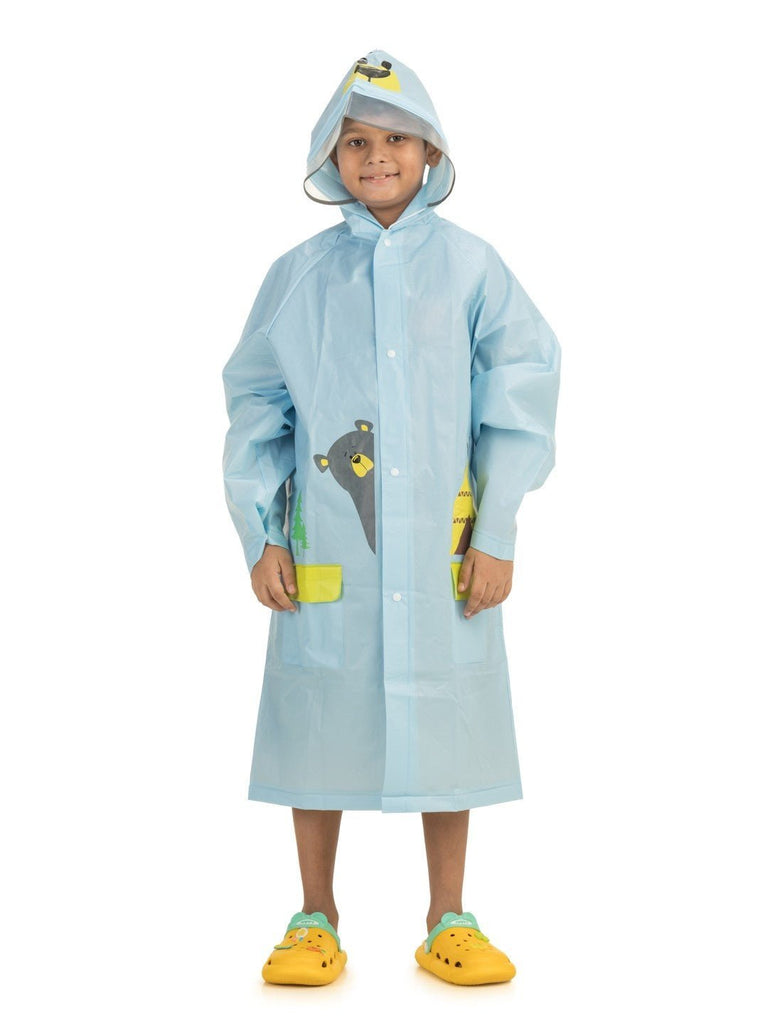 Front view of Yellow Bee boys' raincoat showcasing the whimsical face hood and vibrant illustrated pockets.