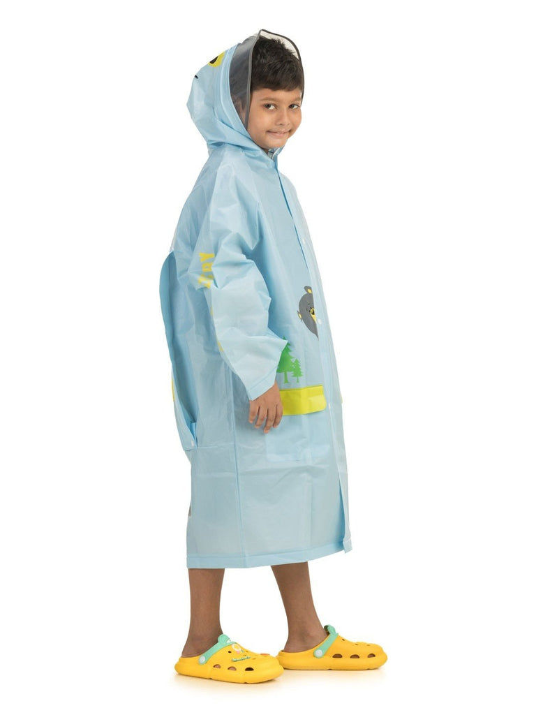 Side view of Yellow Bee boys' raincoat showcasing the whimsical face hood and vibrant illustrated pockets.