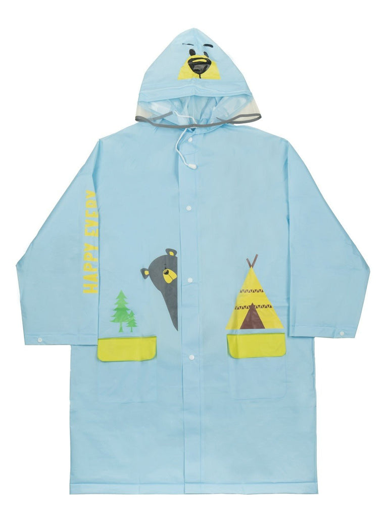 Front view of Yellow Bee boys' raincoat showcasing the whimsical face hood and vibrant illustrated pockets.