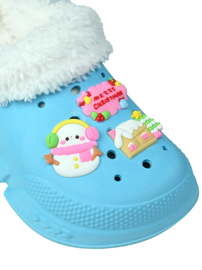 Eye_Catching_Winter_Fur_Lined_Clogs_with_Snowman_Christmas_Charms_for_Girls_-Blue_-_Close Up View