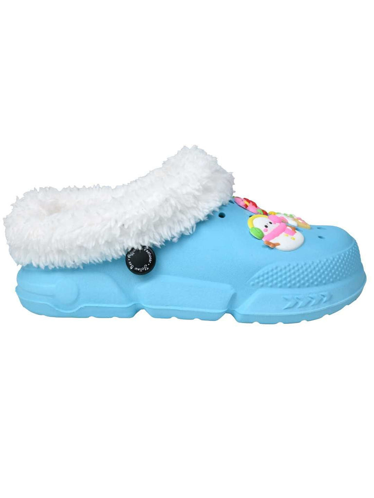 Eye_Catching_Winter_Fur_Lined_Clogs_with_Snowman_Christmas_Charms_for_Girls_-Blue_-_Side View