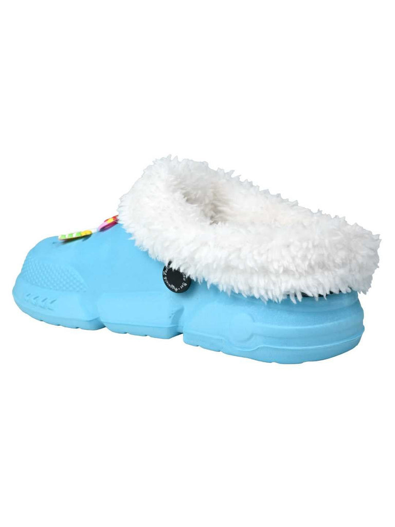 Eye_Catching_Winter_Fur_Lined_Clogs_with_Snowman_Christmas_Charms_for_Girls_-Blue_-_Back View