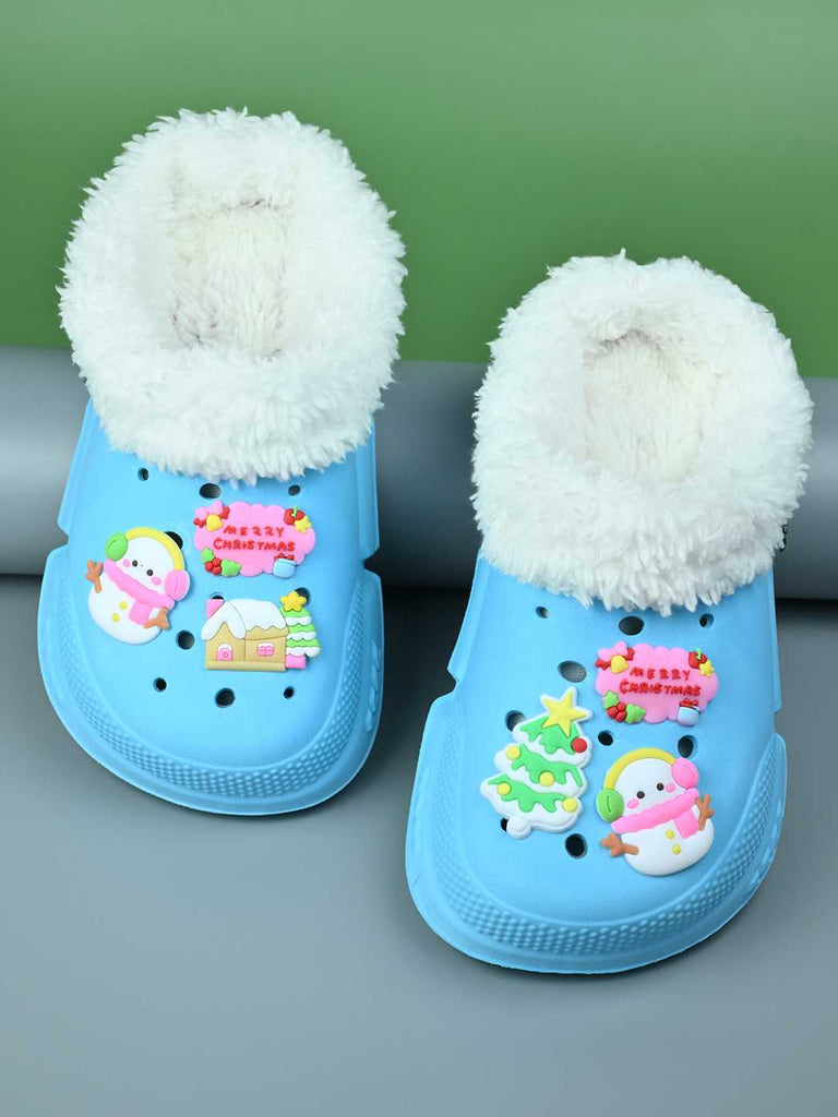 Eye Catching Winter Fur Lined Clogs with Snowman & Christmas Charms for Girls -Blue - Creative View