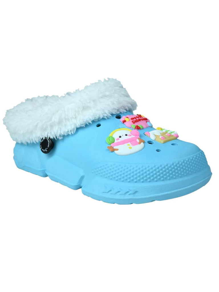 Eye Catching Winter Fur Lined Clogs with Snowman & Christmas Charms for Girls -Blue - Angle View