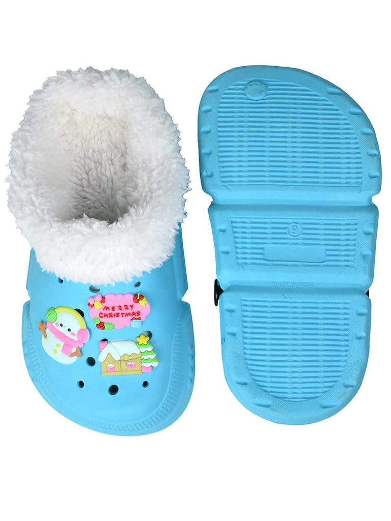 Eye_Catching_Winter_Fur_Lined_Clogs_with_Snowman_Christmas_Charms_for_Girls_-Blue_-_Top & Bottom View