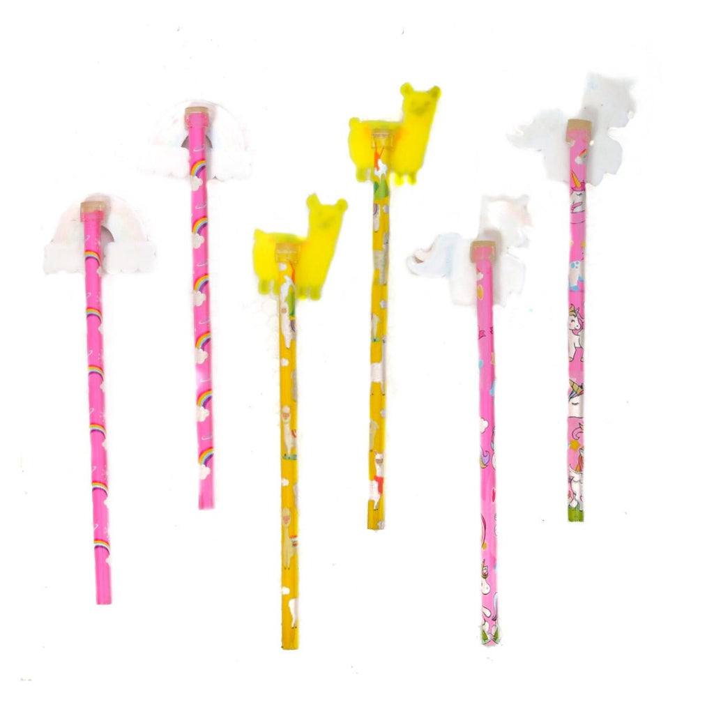 Back view of Yellow Bee's multi-motif pencils with unicorns, rainbows, and llamas in cheerful colors.