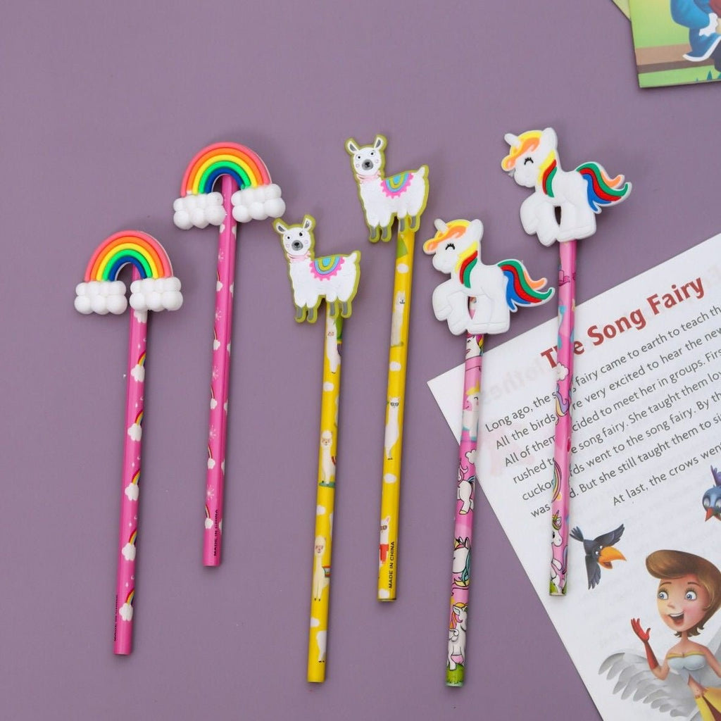 Yellow Bee's pencil set featuring unicorn, rainbow, and llama motifs in a playful arrangement for girls.