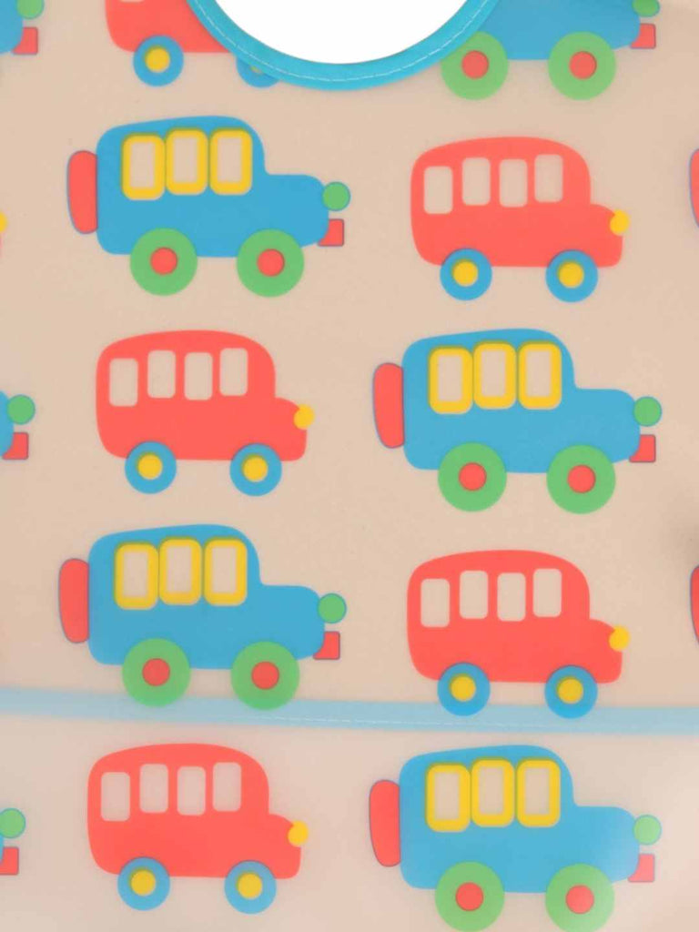 TinyTransportBabyBib_MulticolorVehiclePatternBibwithBlueTrim_Pocket-CloseUpView1