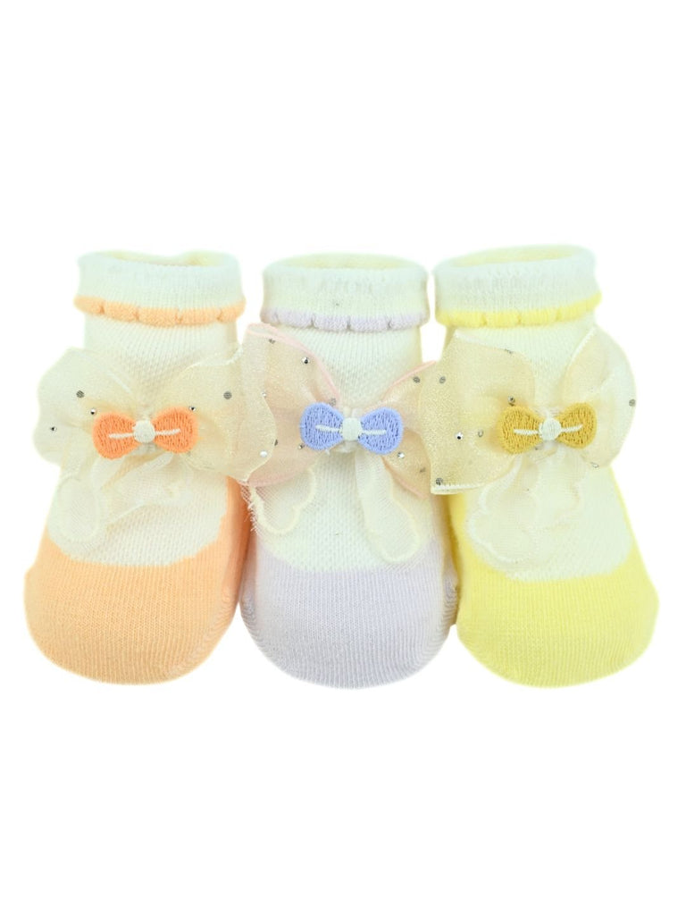 Festive Baby Cotton Socks with Bow Design - Orange, Purple & Yellow - Single View