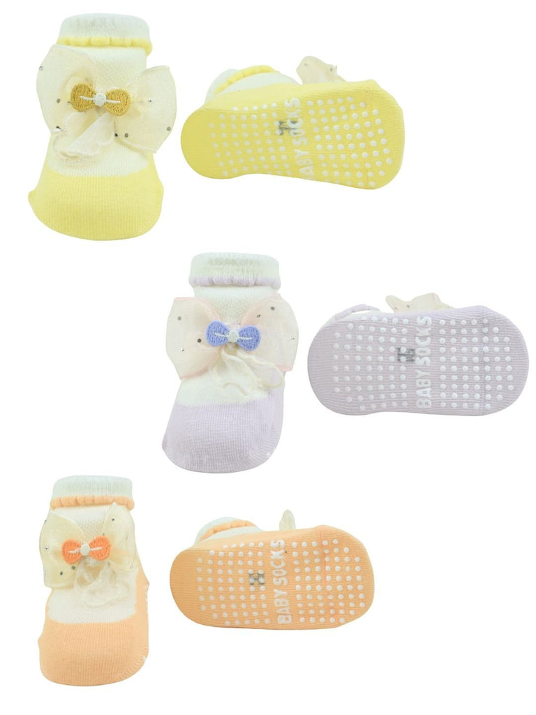 Festive Baby Cotton Socks with Bow Design - Orange, Purple & Yellow - Front & Back View