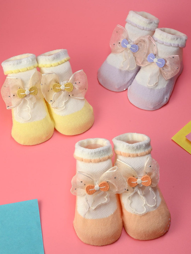 Festive Baby Cotton Socks with Bow Design - Orange, Purple & Yellow - Creative View