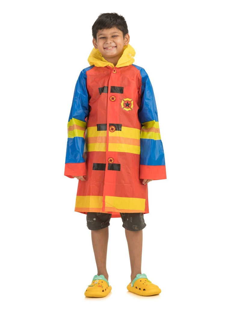 yellow bee fire police theme boy rain coat front view.