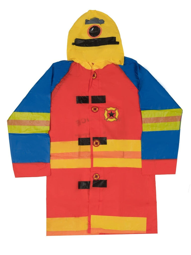 Front View of Fire Police Themed Boys' Waterproof Raincoat in Red