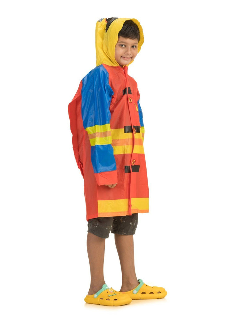 yellow bee fire police theme boy rain coat side view.