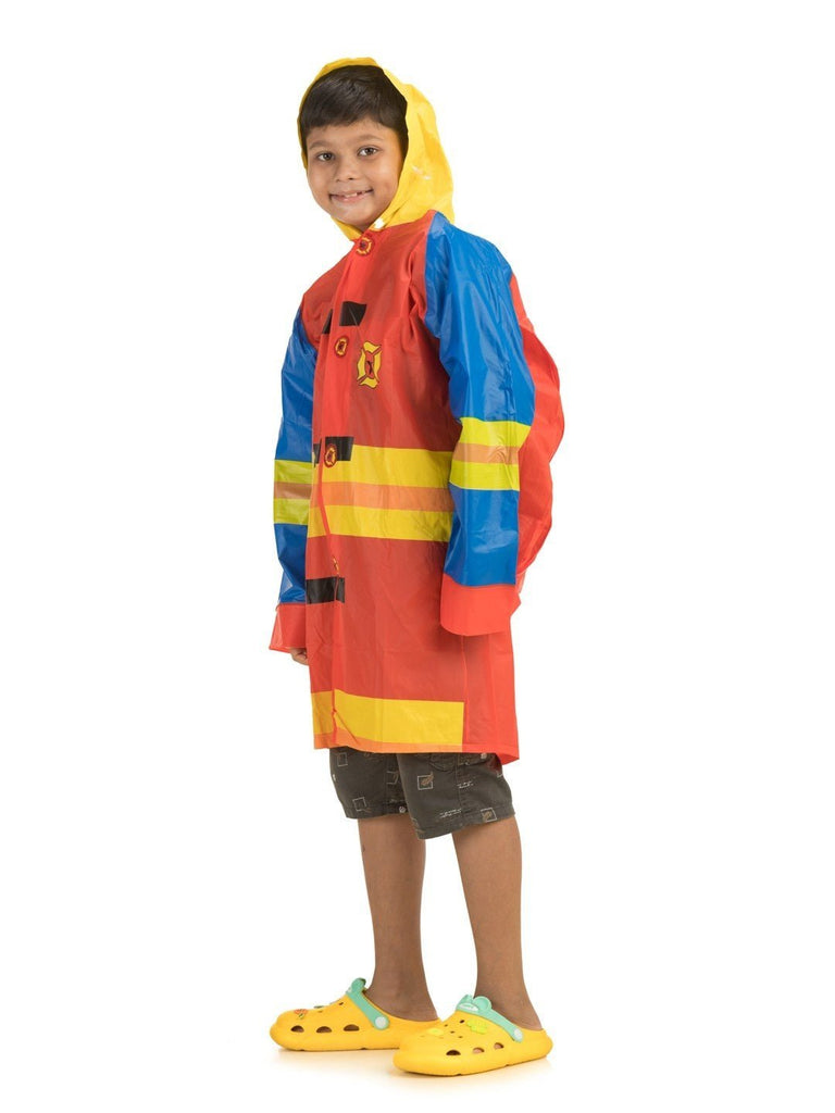 yellow bee fire police theme boy rain coat angle view.