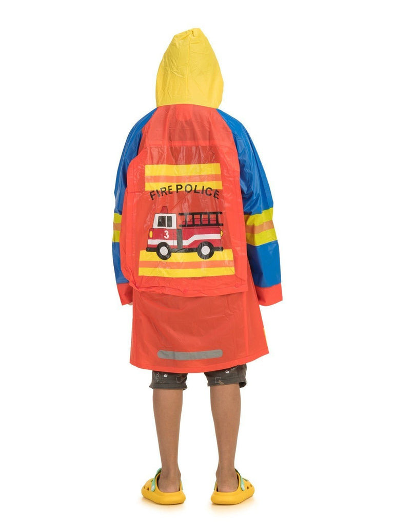 yellow bee fire police theme boy rain coat back view.