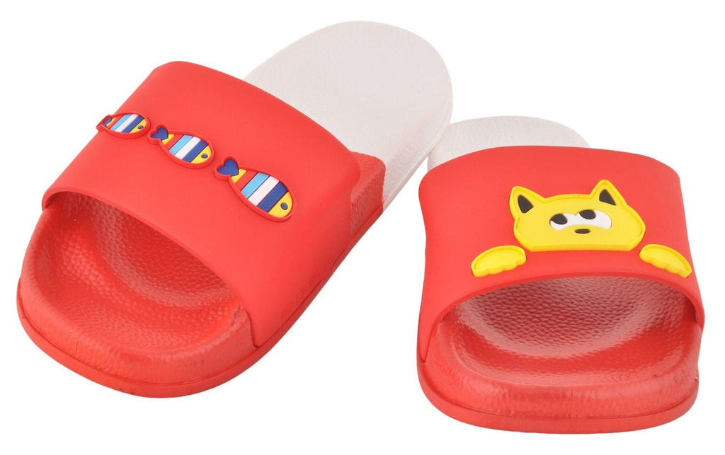 Yellow Bee Playful Fish and Cat Kids Red Slipper for Girls - Perspective View