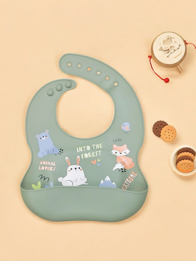 Front view of the soft and water-resistant Forest Friends baby bib for boys