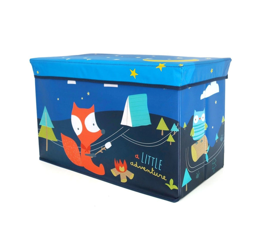 Side view of the Yellow Bee Fox Storage Box, with the blue night sky and stars complementing the playful fox illustration.