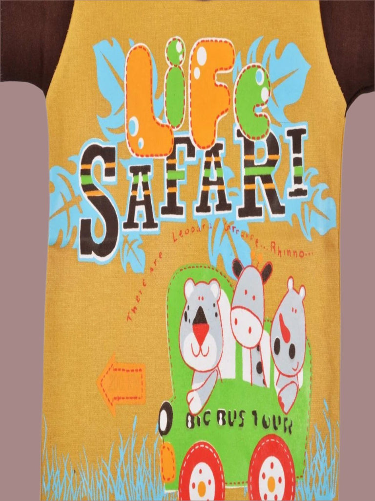 Zoom view of the safari design on the T-shirt of Fresh Baby Boys' Safari-Themed T-Shirt and Brown Shorts Set.