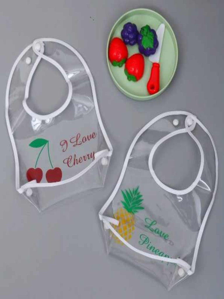 Front view of Creative Crafter Fruity Delights Clear Waterproof Baby Bib For Girls with cherry design