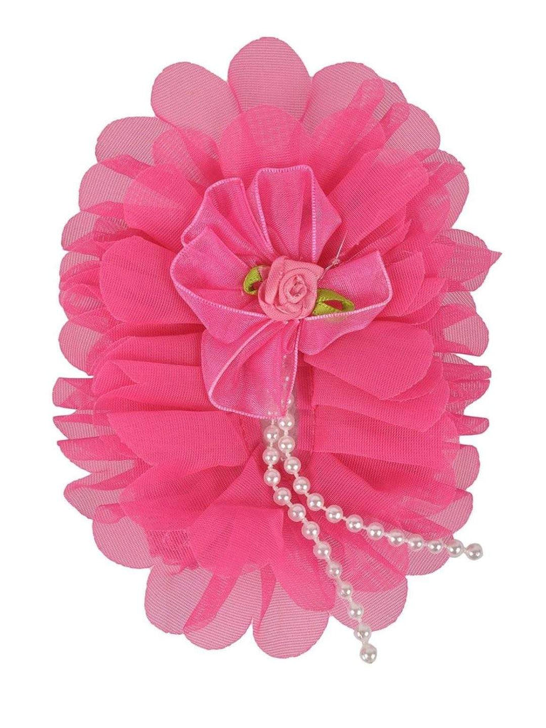 Detailed view of the Yellow Bee Fuchsia Big Ruffle Flower Infant Hairband highlighting the intricate flower and pearl design.