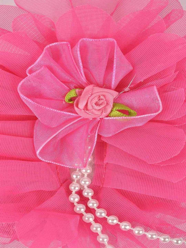 Close up view of the Yellow Bee Fuchsia Big Ruffle Flower Infant Hairband highlighting the ruffle flower and pearl strings