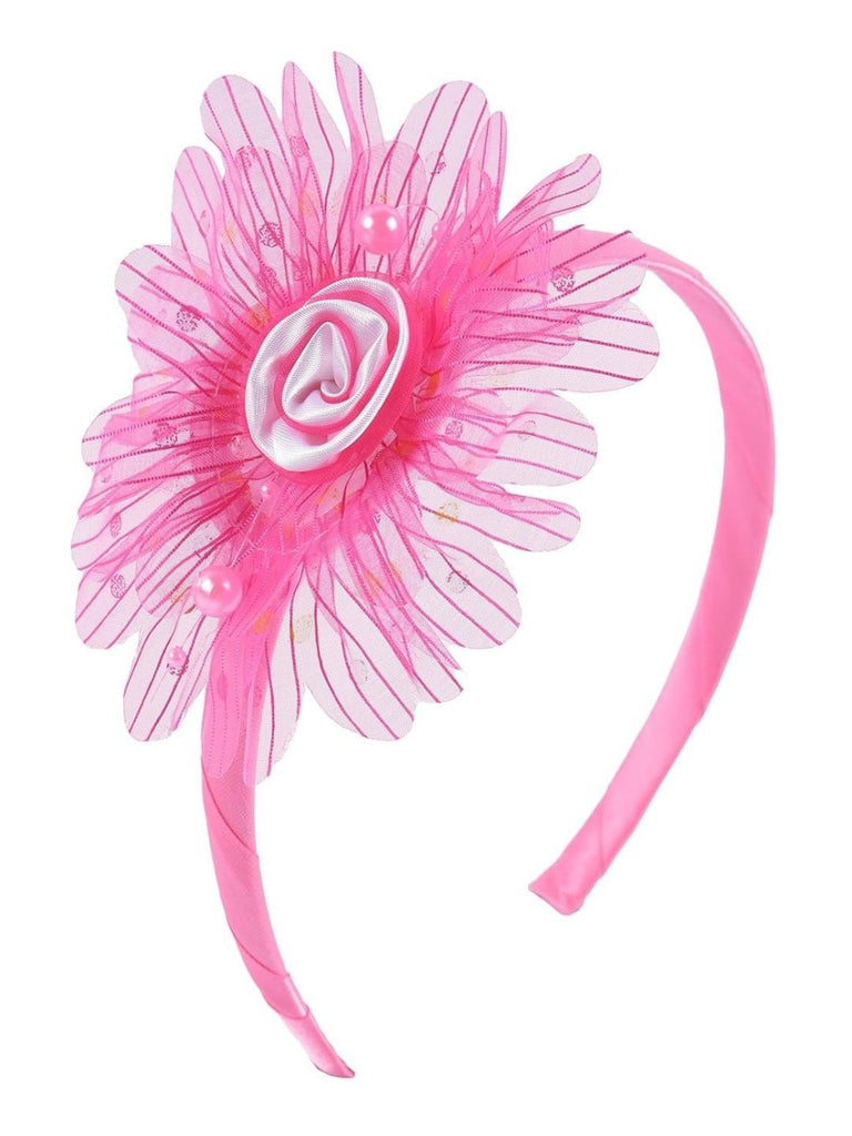 Front view of Yellow Bee Fuchsia Ruffle Flower Hairband with Pearl Detailing