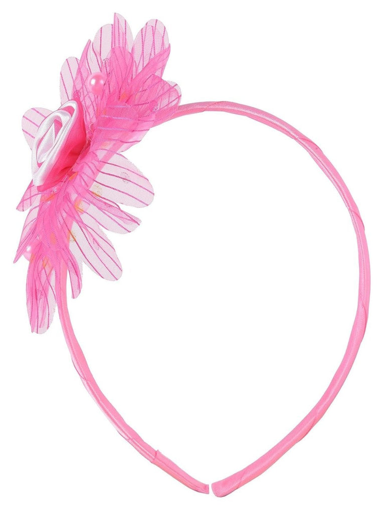 Back view of Yellow Bee Fuchsia Ruffle Flower Hairband with Pearl Detailing