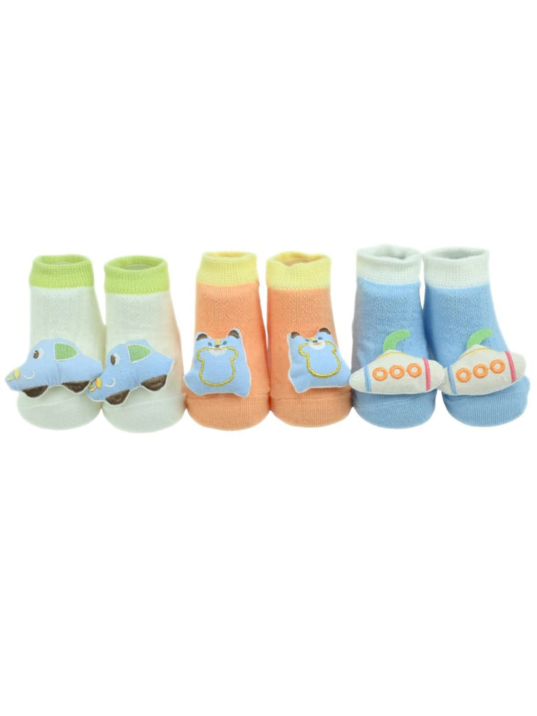 Fun Car, Bear & Submarine Character 3D Baby Ankle Socks for Boys - Multi - Front View