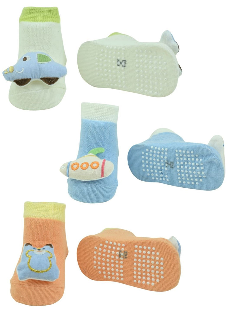 Fun Car, Bear & Submarine Character 3D Baby Ankle Socks for Boys - Multi - Front & Back View