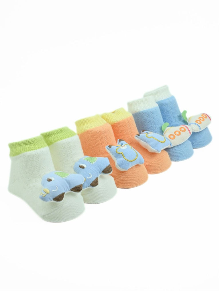 Fun Car, Bear & Submarine Character 3D Baby Ankle Socks for Boys - Multi - Angle View
