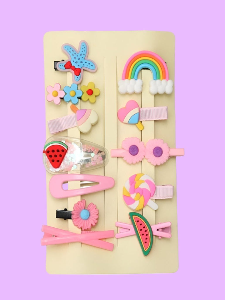 Fun and Colorful Hair Clip Set with Watermelon, Rainbow, and Flower Designs – Creative View