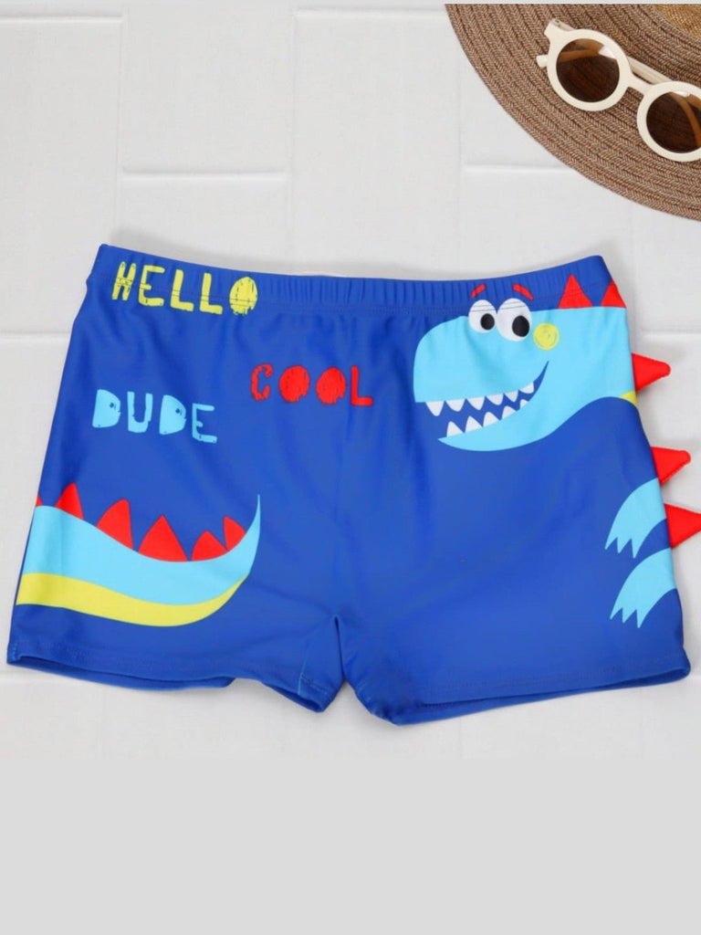 Fun Blue Dinosaur Swim Trunks with Red Fin Detail for Boys