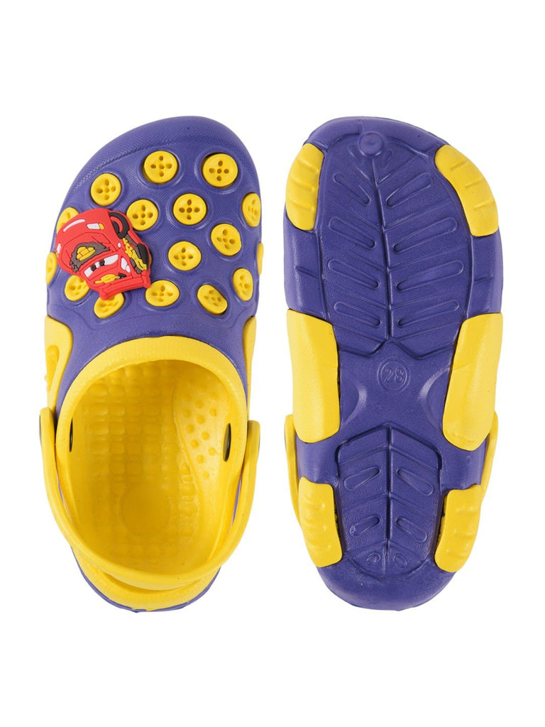Fun Button Decorated Clogs with Cartoon Car Design for Boys front and back biew