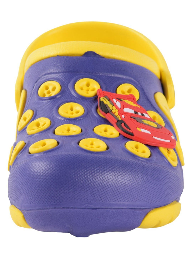 Fun Button Decorated Clogs with Cartoon Car Design for Boys front and zoom biew