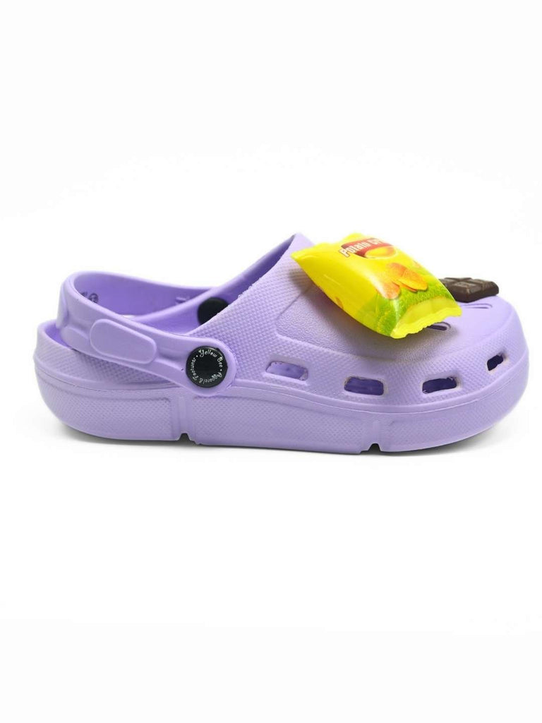 Fun & Colorful Clogs with Burger, Fries and Chocolate Charms for Girls- Purple-Side View