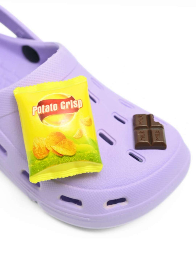 Fun & Colorful Clogs with Burger, Fries and Chocolate Charms for Girls- Purple-Close up View