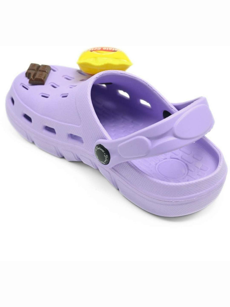 Fun & Colorful Clogs with Burger, Fries and Chocolate Charms for Girls- Purple-Back View